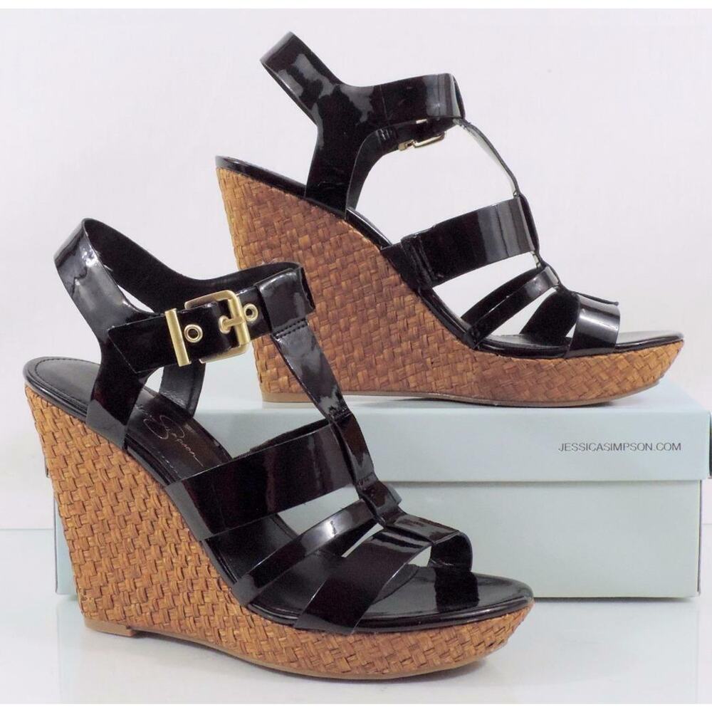 Jessica Simpson Casie 2 Platform Wedge Sandal Heels Black Patent Size 10 - Picture 7 of 8